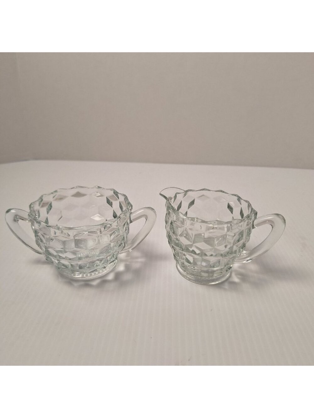 VTG FOSTORIA AMERICAN CLEAR GLASS CREAMER AND OPEN SUGAR BOWL SET CUBIST PATTERN
